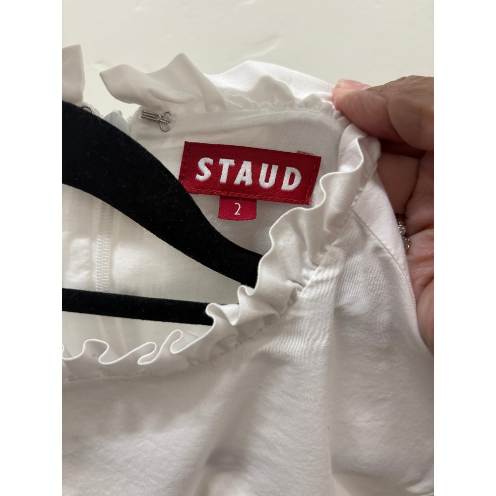 STAUD White Ruffle Neck Puff Sleeve Mini Dress with Pockets Size 2 Cottagecore - Picture 6 of 7